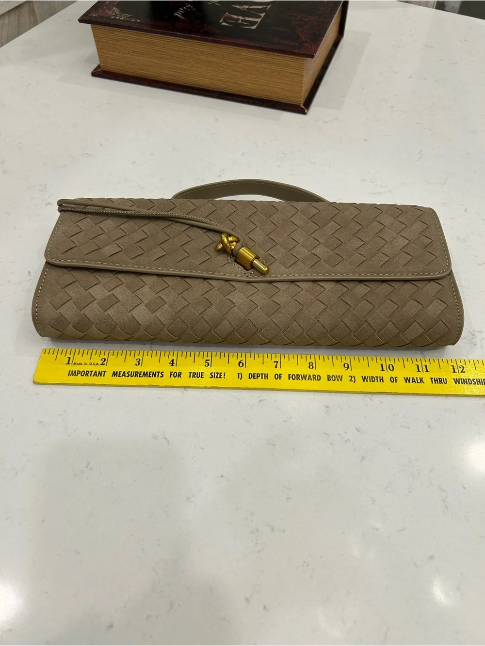 Taupe Woven Top-Handle Clutch